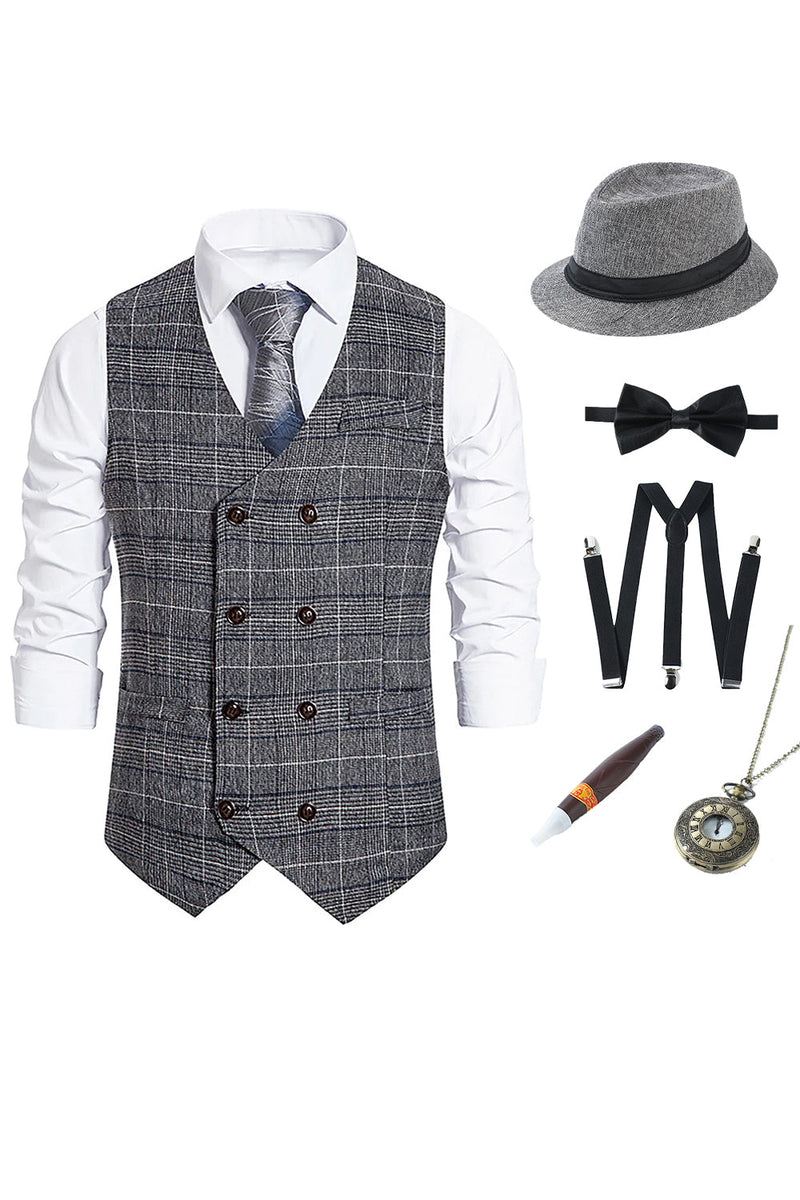 Load image into Gallery viewer, Grey Plaid Double Breasted Men&#39;s Vest with Accessories Set
