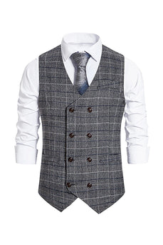 Grey Plaid Double Breasted Men's Vest with Accessories Set