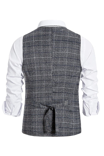 Grey Plaid Double Breasted Men's Vest with Accessories Set
