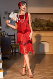 Sparkly Red Sequined Fringed 1920s Gatsby Dress with 20s Accessories