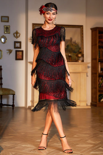 Sparkly Burgundy Sequined 1920s Flapper Dress with 20s Accessories