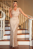 Light Khaki Sequined Long 1920s Gatsby Dress with Accessories Set