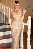 Light Khaki Sequined Long 1920s Gatsby Dress with Accessories Set