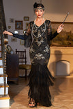 Black Sequined Fringed Long 1920s Gatsby Dress with Accessories Set