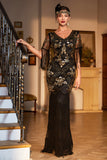 Black Sequined Fringed Long 1920s Gatsby Dress with Accessories Set