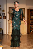 Dark Green Sequined Fringed Long 1920s Gatsby Dress with Accessories Set