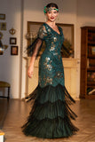 Dark Green Sequined Fringed Long 1920s Gatsby Dress with Accessories Set