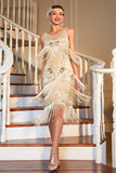 Champagne Fringed 1920s Gatsby Dress with Accessories Set