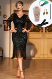 Dark Green Sequined Fringed Short Sleeves 1920s Gatsby Dress with Accessories Set