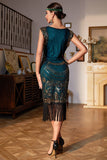 Dark Green Sequined Fringed 1920s Gatsby Dress with Accessories Set