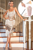 Champagne Sequined Fringed 1920s Gatsby Dress with Accessories Set