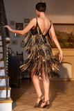 Sparkly Black and Golden Sequin Fringed 1920s Dress with Accessories Set