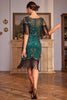 Load image into Gallery viewer, Sparkly Dark Green Cap Sleeves Sequins Fringed 1920s Dress with Accessories Set
