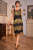 Sparkly Black and Golden Sequins Fringed 1920s Dress with Accessories Set