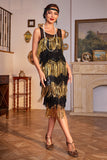 Sparkly Black and Golden Sequins Fringed 1920s Dress with Accessories Set