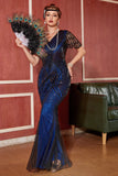 Dark Blue Long Fringed Sequins 1920s Dress with Accessories Set