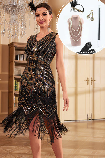 Black Golden Midi Fringed Sequins 1920s Dress with Accessories Set