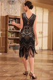 Black Golden Midi Fringed Sequins 1920s Dress with Accessories Set