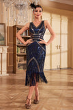 Dark Blue Midi V-Neck Fringed Sequins 1920s Dress with Accessories Set