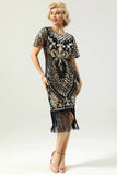 Black Sequins Fringed Cap Sleeves 1920s Dress with Accessories Set