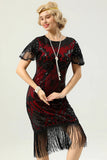 Black Red Sequins Fringed Cap Sleeves 1920s Dress with Accessories Set