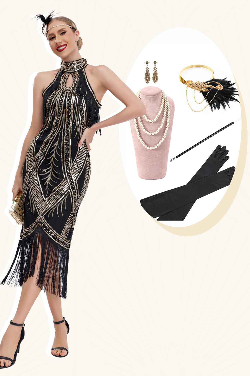 Sparkly Black Golden Sequins Fringed 1920s Dress with Accessories Set