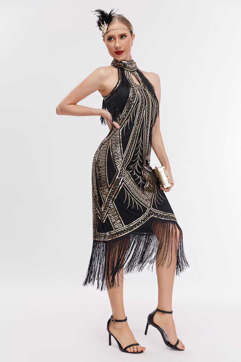 Load image into Gallery viewer, Sparkly Black Golden Sequins Fringed 1920s Dress with Accessories Set