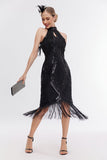 Sparkly Black Round Neck Sequins Fringed 1920s Dress with Accessories Set