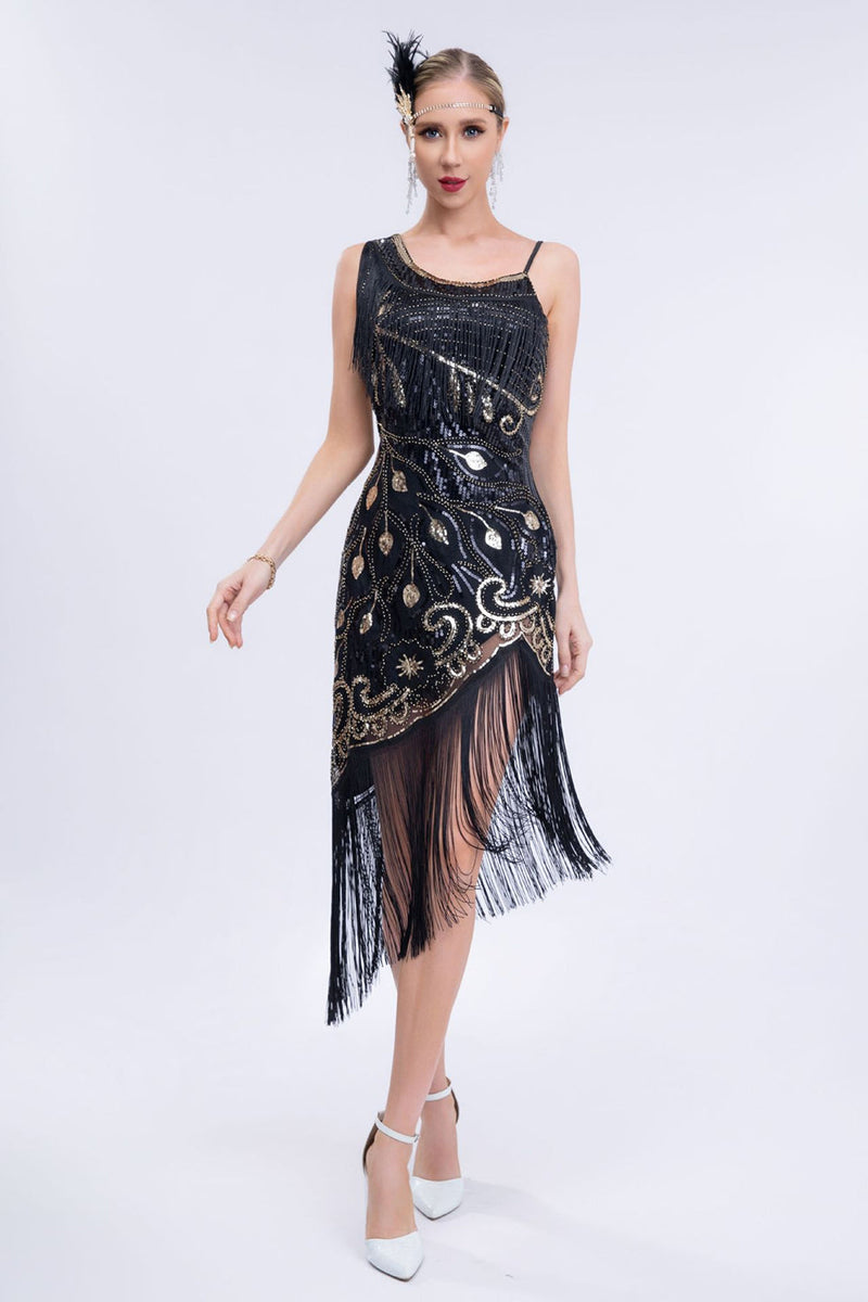 Load image into Gallery viewer, Sparkly Black Asymmetrical Sequins Fringed 1920s Dress with Accessories Set