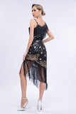 Sparkly Black Asymmetrical Sequins Fringed 1920s Dress with Accessories Set