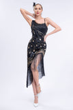 Sparkly Black Asymmetrical Sequins Fringed 1920s Dress with Accessories Set