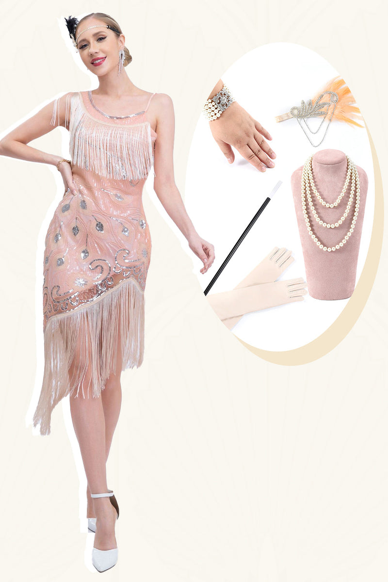 Load image into Gallery viewer, Sparkly Blush Asymmetrical Sequins Fringed 1920s Dress with Accessories Set