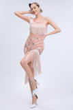 Sparkly Blush Asymmetrical Sequins Fringed 1920s Dress with Accessories Set