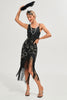 Load image into Gallery viewer, Glitter Black Fringed Sequins 1920s Gatsby Dress with 20s Accessories
