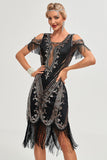 Glitter Black Sequins Fringes 1920s Gatsby Dress with Accessories Set