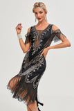 Glitter Black Sequins Fringes 1920s Gatsby Dress with Accessories Set