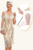 Glitter Champagne Cold Shoulder Sequins Fringes 1920s Gatsby Dress with Accessories Set