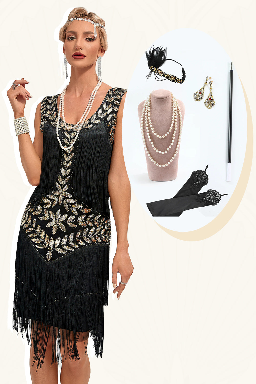 Glitter Black Sequins Fringed 1920s Gatsby Dress with Accessories Set