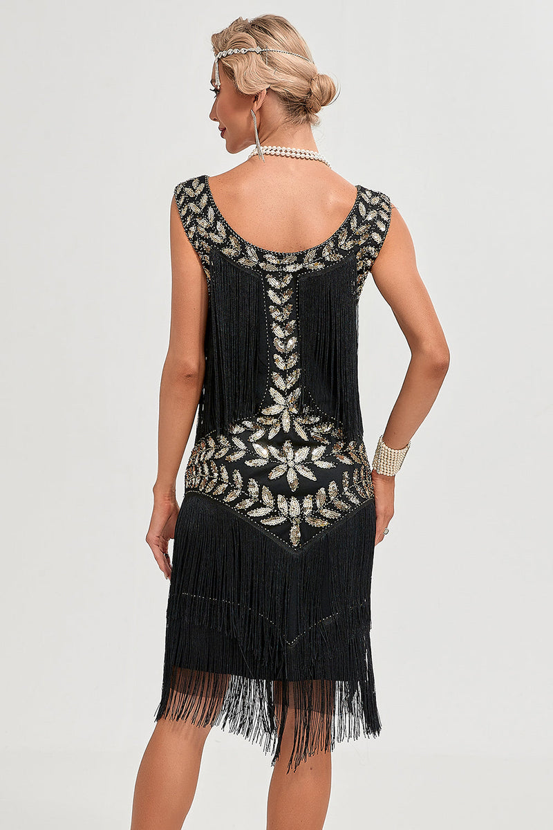 Load image into Gallery viewer, Glitter Black Sequins Fringed 1920s Gatsby Dress with Accessories Set