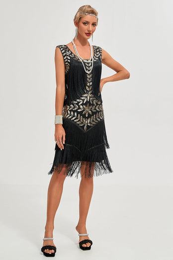 Glitter Black Sequins Fringed 1920s Gatsby Dress with Accessories Set