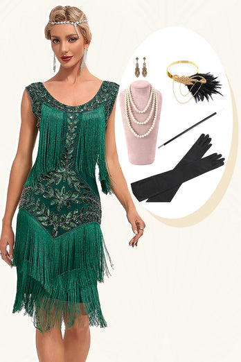 Dark Green Sequins Fringes Great Gatsby Dress with Accessories Set