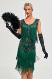 Dark Green Sequins Fringes Great Gatsby Dress with Accessories Set