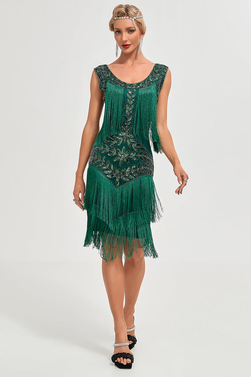 Load image into Gallery viewer, Dark Green Sequins Fringes Great Gatsby Dress with Accessories Set