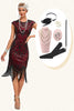 Load image into Gallery viewer, Burgundy Fringes Sparkly Flapper Dress with Accessories Set