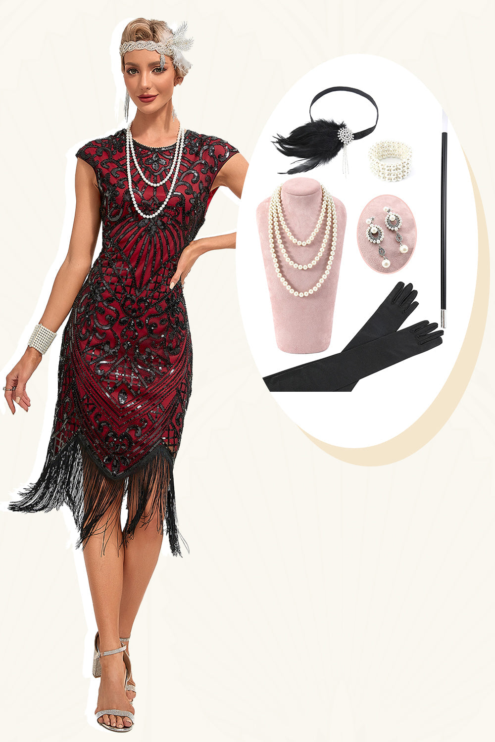 Burgundy Fringes Sparkly Flapper Dress with Accessories Set