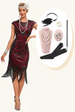 Burgundy Fringes Sparkly Flapper Dress with Accessories Set