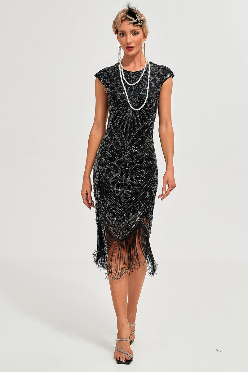 Load image into Gallery viewer, Black Sleeveless Glitter Fringes 1920s Dress with Accessories Set