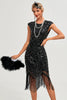 Load image into Gallery viewer, Black Sleeveless Glitter Fringes 1920s Dress with Accessories Set
