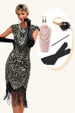 Sparkly Fringes Black Golden Flapper Dress with Accessories Set