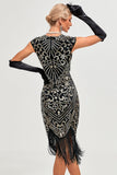 Sparkly Fringes Black Golden Flapper Dress with Accessories Set